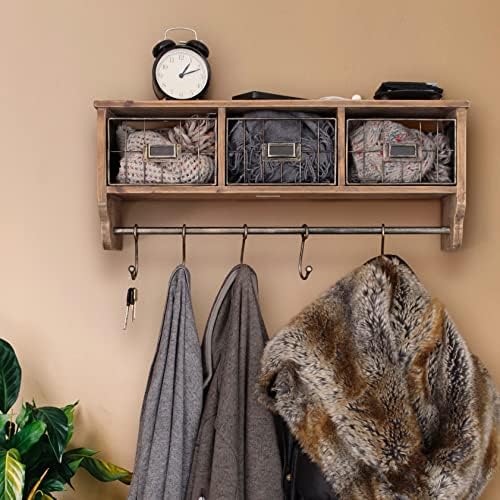 HBCY Creations Wall Mounted Shelf with Coat Hooks and Baskets, Solid Wood Entryway Organizer Wall Shelf with Hooks - Hang Coats, Keys or Coffee Mugs, Rustic Brown 24" Wide - Image 6