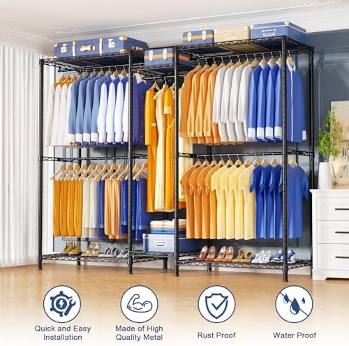 Ulif E12 Pro Clothes Rack，Heavy Duty Freestanding Garment Rack with Shelves，Metal Clothing Closet Storage System for Hanging Clothes，71" W x 16" D x 76.5" H, Hold 960 lbs，Black - Image 6
