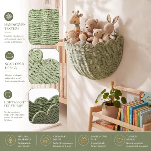 Newtay Sage Green Scalloped Wall Basket 16" x 10" x 7" Hand Woven Rattan Hanging Basket Boho Farmhouse Storage Organizer for Bathroom Living Room Entryway Decorative Floating Wicker Bin - Image 3