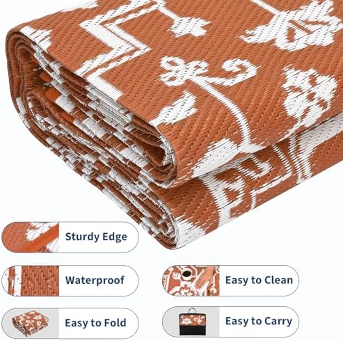 Outdoor Plastic Straw Rug 9x18 Large Vintage Medallion Waterproof Rug for Patio Outside Floor Mat Lightweight Reversible Outdoor Rugs for RV Beach Camping Backyard Deck Picnic, Orange - Image 7