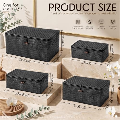 Woanger Set of 4 Wicker Baskets with Lids, Black - Image 2