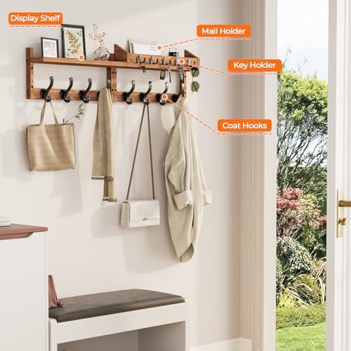 Evermagin 35" Coat Rack Wall Mount with Shelf & 13 Hooks, Entryway, Brown - Image 5