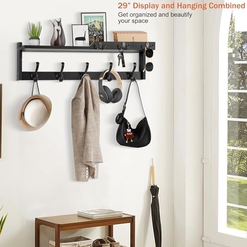 29'' Coat Rack Wall Mount with Shelf, Coat Hanger Wall Mount with Key Hooks and Mail Holder, Wood Entryway Floating Shelf with Hooks and Storage, Hat Rack for Wall Key Holder Mail Organizer - Image 5