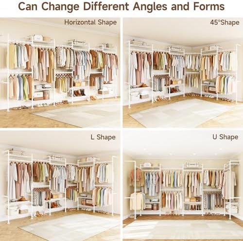 H6 Wall Mounted Closet System, Industrial Pipe Clothes Rack Clothing Racks with 6 Telescopic Rods & 3 Fixing Rods & 9 Shelves, Heavy Duty Closet Organizers and Storage in Wardrobe Closet (White) - Image 4
