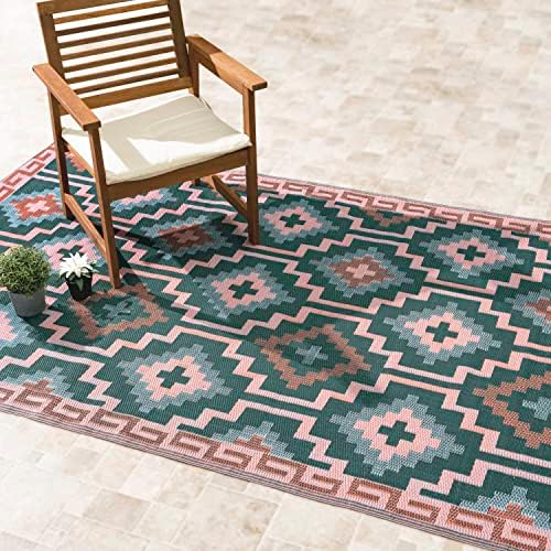 Fab Habitat Outdoor Rug - Waterproof, Fade Resistant, Crease-Free, Reversible - Premium Recycled Plastic - Vintage Boho Kilim - Large Patio, Deck, Sunroom, Camping, RV - Lhasa - Green - 8 x10 ft by FabHabitat