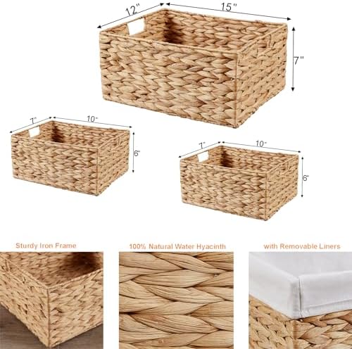 Vagusicc Wicker Basket, 3-Pack Water Hyacinth Wicker Storage Basket with Handles, Storage Baskets for Organizing, Large Hyacinth Storage Baskets for Shelves with Liner (Water Hyacinth Baskets Set) - Image 7