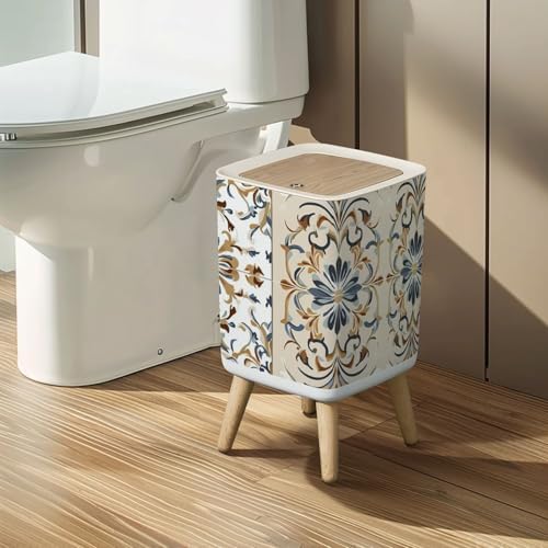 Small Trash Can with Lid Seamless Azulejo tile Portuguese Spain decor Ceramic tile Victorian Wastebasket with Press Cover Dog Proof Garbage Can Waste Bin for Kitchen Bathroom Nursery 2.6 Gallon - Image 7