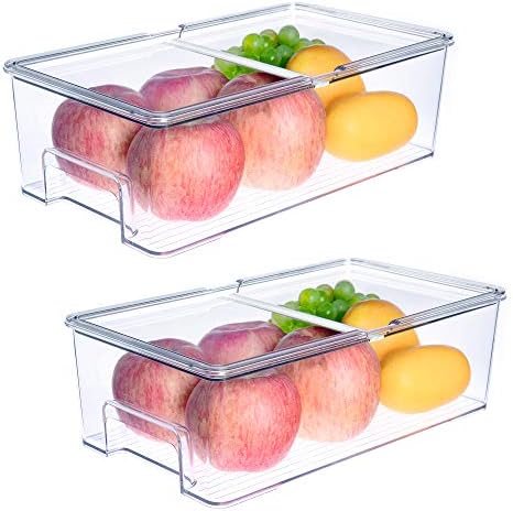 SANNO Vegetable Refrigerator Organizer Food Bins with lids Large Stackable Fridge Clear Organizers Kitchen Cabinet Organizer for Freezer, Kitchen, Countertops, Cabinets Pantry Storage Bins，set of 2 - Image 4