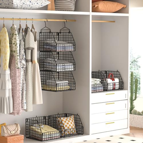 PUPPYCUTE Larger & Deeper Hanging Storage Basket, Closet Organizers and Storage, Hanging Shelves Wire Baskets for Clothing Sweaters Purse Handbags Shoes Black 3 Tier - Image 2