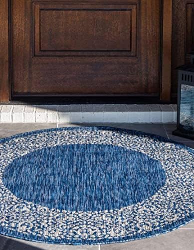 Unique Loom Outdoor Border Collection Area Rug - Floral Border (10' 8" Round, Blue/ Ivory) - Image 4