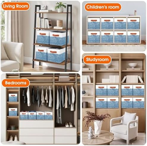 Fab totes Collapsible Storage Baskets for Shelves,14"x10", 8 Pack Foldable Fabric Storage Bins with Double Leather Handles, Large Baskets for Organizing Books, Clothes, White & Blue - Image 5