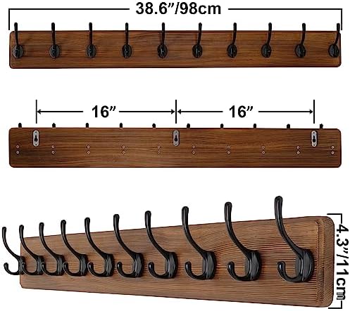 SKOLOO Rustic Wall Mounted Coat Rack, 10 Hooks, 38", Solid Wood, Brown - Image 5