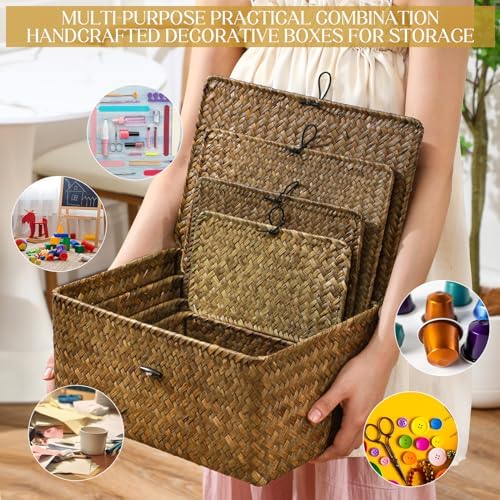 Woanger Set of 4 Wicker Baskets with Lids, Retro Color - Image 4
