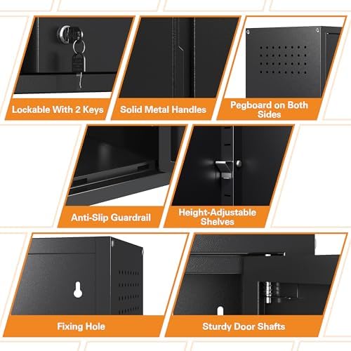 Metal Garage Wall Cabinet with 2 Doors and 1 Adjustable Shelf,Lockable Floating Tool Cabinet with Pegboard,Black Steel Storage Cabinet for Kitchen,Office,Garage,Laundry,Warehouse(Black, 26" H) - Image 3