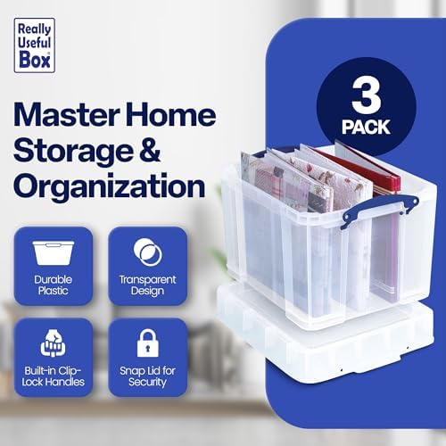 Really Useful Box 35 Liter Plastic Stackable Storage Container with XL Snap Lid & Built-in Clip Lock Handles for Home or Office Organization, 3 Pack - Image 2