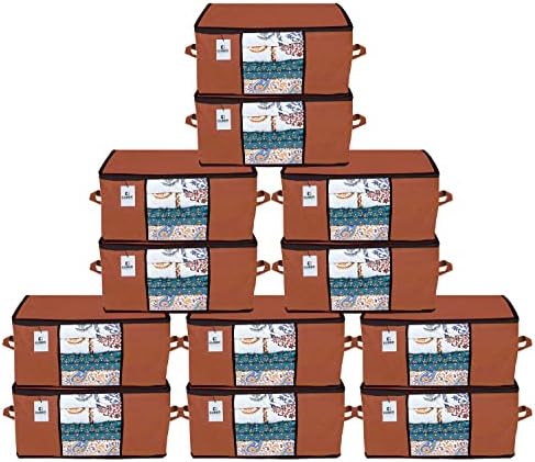 Kuber Industries Underbed Storage Bag|Organizer For Clothes Large|Non-Woven Comforter, Blanket Cover|Transparent Window & Premium Zipper|Side Handles|Pack of 12 (Brown) by Kuber+Industries