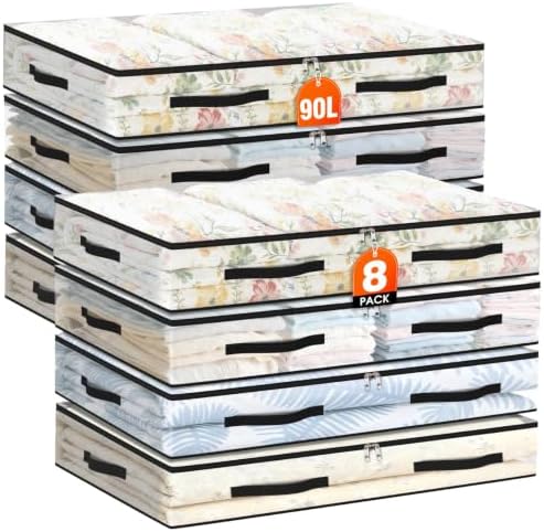 8 Pack Under Bed Storage Bags, 90L Foldable Clear Containers with Handles by Unknown