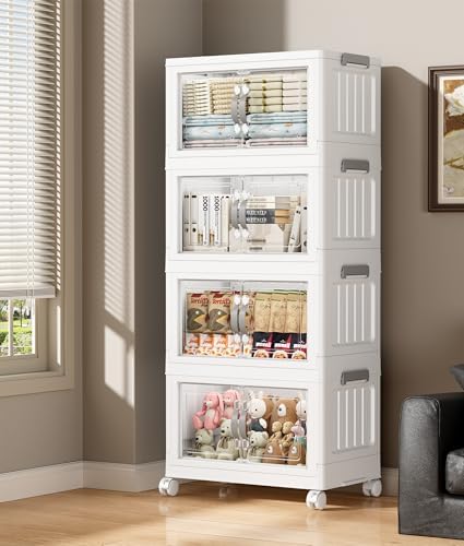 Hanyi 140 QT Stackable Storage Bins with Lids, 4 Tier Collapsible Plastic Storage Cabinet with Magnetic Doors, Removable Top Lid, Locking Wheels, Closet Organizer for Bedroom, Pantry, Office by Unknown