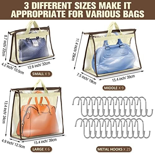 Chumia 24 Pack Dust Bags for Handbags with 25 Stainless Steel S Shape Hooks, 3 Assorted Sizes Dust Cover Bags Damp Proof Purse Storage Handbags with Zippers and Handles for Closet Hanging - Image 2