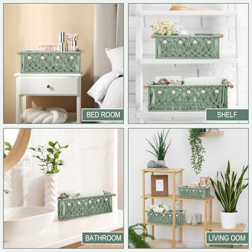 Vesici 4 Pcs Sage Green Macrame Storage Baskets Shelves 13" 11" Wood Handle - Image 4