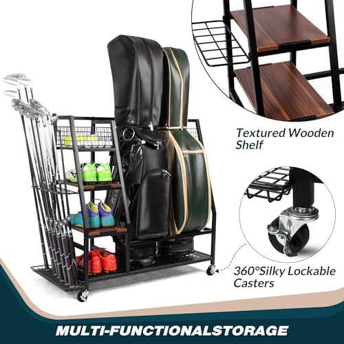 Sttoraboks Golf Bags Storage Garage Organizer, Golf Bag Rack Fits 2/3 Golf Bags and Golf Equipment Accessories, Golf Club Storage Stand with Wooden Shelf and Lockable Wheels for Garage Indoor Basement - Image 2