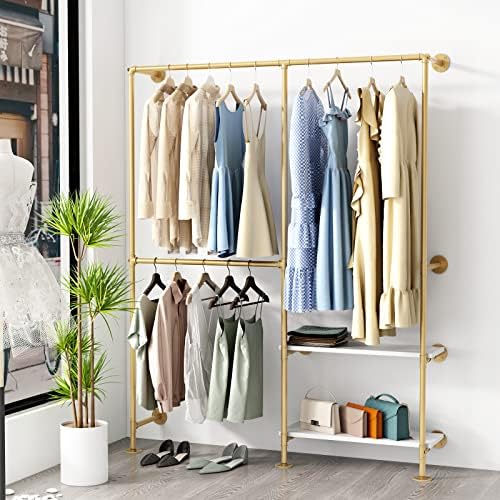 Gold Pipe Clothes Racks with White Shelves, Industrial Pipe Gold Clothing Rack with Double Hanging Rods, Heavy Duty Wall Mounted Clothing Rack Rod for Closet Storage, Bedroom - Image 6