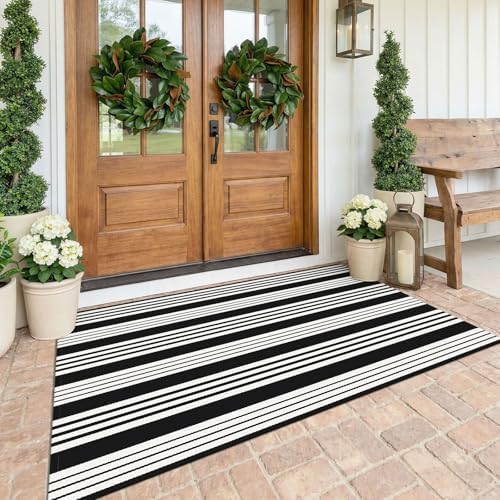 KOZYFLY 4x6 ft Striped Rug Black and White Front Door Rug Cotton Woven Rugs by KOZYFLY