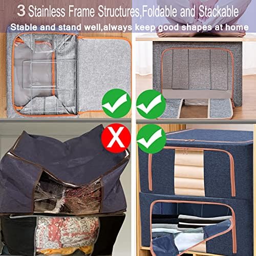 Large Storage Bags,Foldable Storage Bins with Hold Shape Metal Frame,Closet Organizer Containers with Zipper,Clear Window,Thick Fabric for Seasonal Clothing,Bedding (66L x 3 Pack) - Image 3