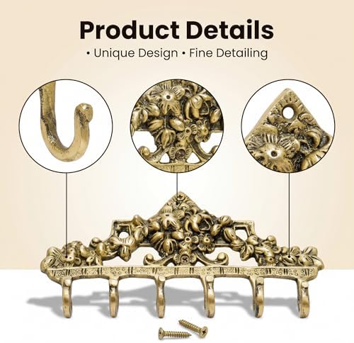 Indian Shelf Vintage Brass Floral Wall Hook Rack for Keys, Coats and Bags - Image 2