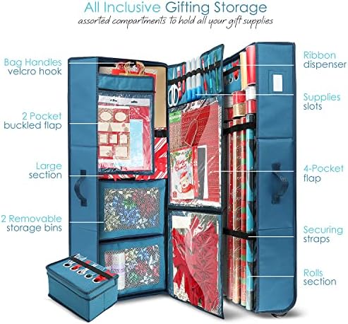Hearth & Harbor Wrapping Paper Storage Container with Ribbon Dispenser and Interior Pockets - Large Christmas Storage Containers with Wheels, Fits 30 Rolls of 40" Length, Blue - Image 2