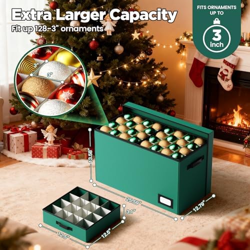 Christmas Ornament Storage Box Store 128 Ornaments, Extra Large Xmas Ornament Organizer Storage box with Lid & Adjustable Dividers, Holiday Decorations Storage Container with 8 Stackable Trays, Green - Image 5