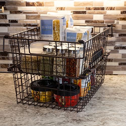 Home-Complete 2 pcs Large Stackable Wire Baskets, 16"x12" Organizer Stacking Storage Bins for Shelf, Pantry, Kitchen, Cabinets, can also be used in Chest Freezers (Brown) - Image 7
