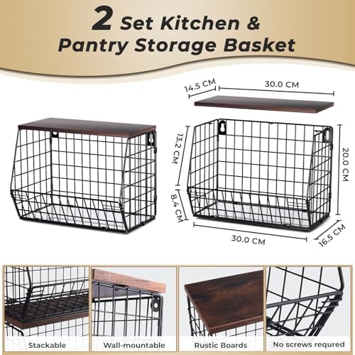 Mefirt 2pcs Fruit Basket Kitchen Storage Basket with Wood Lid - Image 2