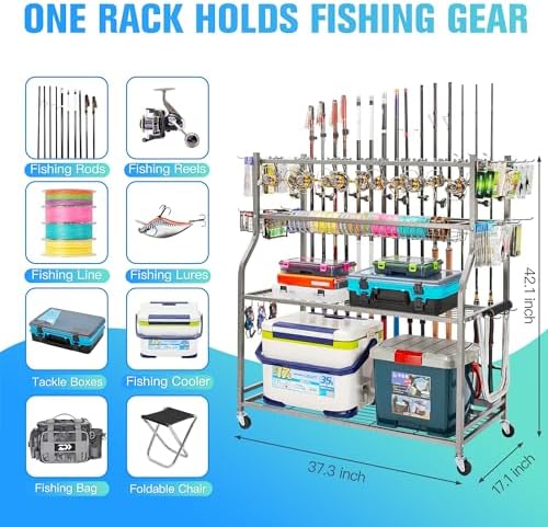 PeBro Fishing Pole Holders, Fishing Rod Holders for Garage, Fishing Rod Holder for Fishing Rod Tackle Box Reel Storage, All-In-One Fishing Rod Rack with Hooks and Wheels - Image 2