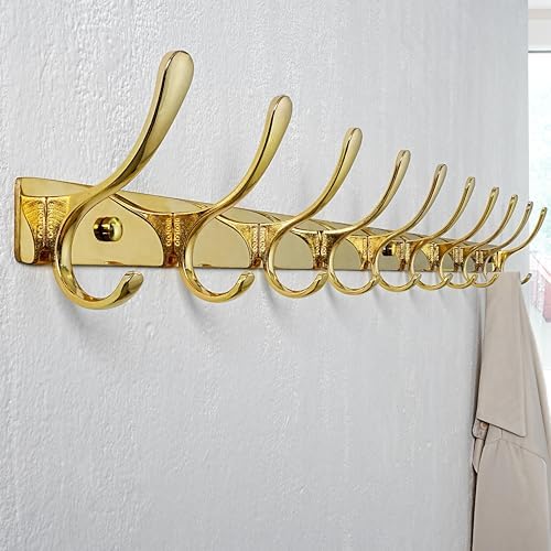 SKOLOO Wall Mounted Coat Rack - 10 Hooks, Heavy Duty, Stainless Steel, Metal Wall Hangers, Sturdy Coat Hooks for Hanging Coats, Jacket, Clothes, Hat, Bright Gold - Image 3