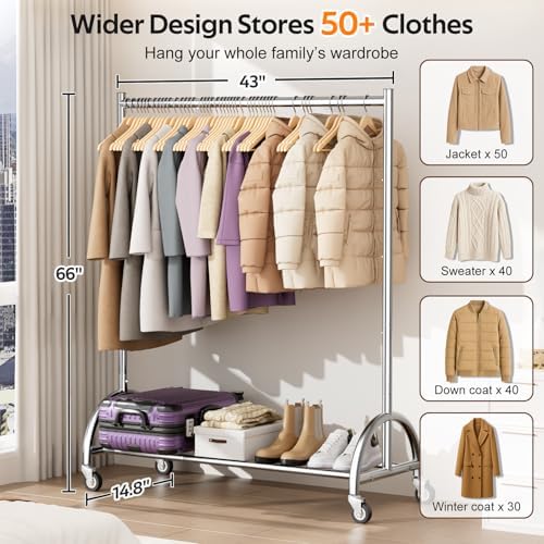 MISSLO Heavy Duty Clothing Rack with Wheels Rolling Clothes Racks for Hanging Clothes, Coats, Garment, Dress, Silver - Image 3