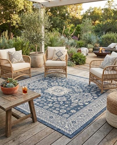 Rugs.com - Outdoor Aztec Rug – 8 Ft Square Blue Indoor/Outdoor Rug – Washable, Stain-Resistant, Perfect for Patios and Decks - Image 4
