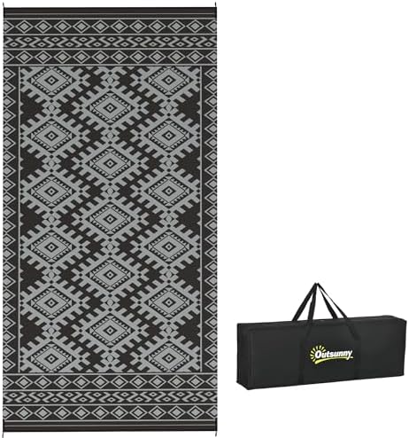 Outsunny Outdoor Rug for Patio Waterproof 9' x 18' Black & Gray Rhombus by Outsunny