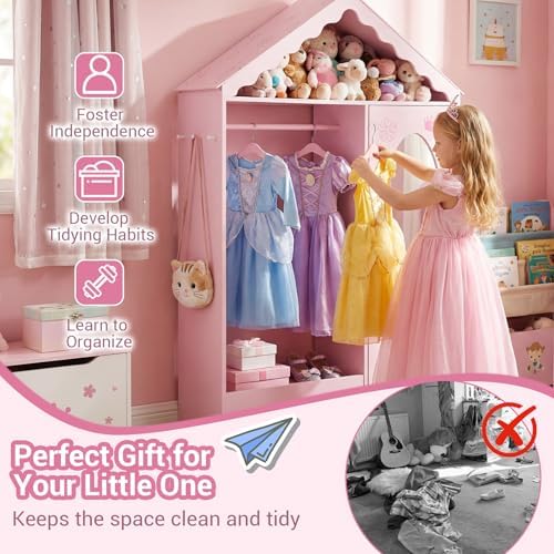 Costzon Kids Dress Up Storage with Mirror, Roofed Wardrobe Closet with Open Hanging Rack, Shelves & Hooks for Children, Kids Armoire & Costume Organizer for Bedroom, Playroom (Pink) - Image 5