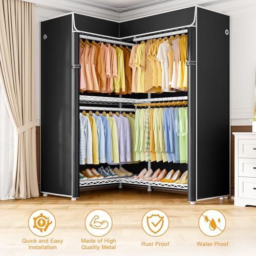 ULIFHOME E15C Garment Rack L Shaped Clothes Rack for Corner，Freestanding Clothing Racks for Hanging Clothes，Heavy Duty Closet Organizer 43.4"W x 15.8"D x 78.4"H，White Rack with Black Dustproof Cover - Image 4