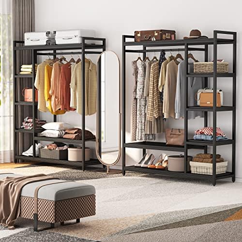 LITTLE TREE Free Standing Wood Closet Clothes Rack,Heavy Duty Grament Rack with Shelves,Hanging Racks for Clothes Clothing Rack for Bedrom,Wardrobe Closet Organizer,350 lb Capacity,Black - Image 5