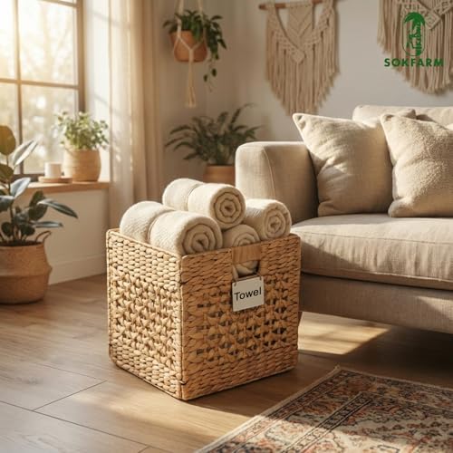 Water Hyacinth Storage Baskets Set of 4, 12 Inch Woven Cube Bins for Shelf and Cubby Organizer, Wicker Baskets for Blankets Towels and Toys, Seagrass Organization Bins for Closet and Living Room - Image 4