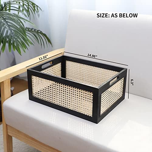 Black Wooden Rattan Storage Basket with Handle,14.96"x11.02"x6.30" - Image 3