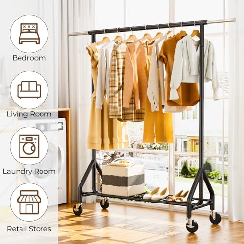 HYSEYY Heavy Duty Clothes Rack Load 450 LBS, Metal Garment Rack, Standing Rolling Clothing Rack for Hanging Clothes with Sturdy Wheels & Shelves, Portable Closet Wardrobe Rack,Black - Image 7