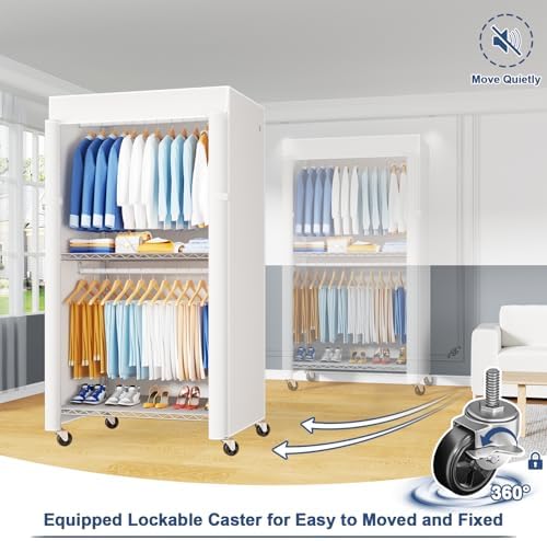 ULIFHOME P8C Heavy Duty Clothes Rack（With Extended Width Design） Rolling Clothing Racks for Hanging Clothes with Lockable Wheels，31.5" W x 15.8" D x 80.5" H，Max Load 600LBS，White Rack with White Cover - Image 5