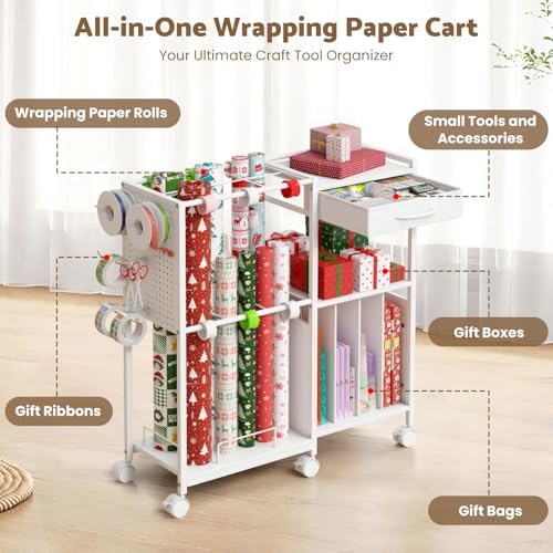 Wrapping Paper Storage Cart, Rolling Gift Wrap Station with Drawer & Hooks - Image 2