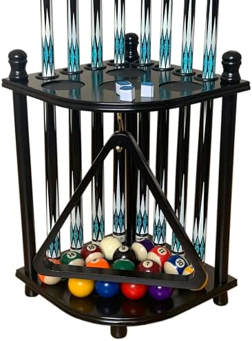 Floor Pool Cue Rack Hold 8 Cue Sticks & Billiard Accessories. Corner Stand Pool Cue Holder Made of 100% Solid Hardwood. Provided Ball Rack Hook. CUE RACK ONLY (Black) by GACCOBILLIARDS