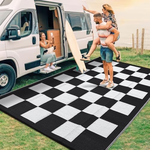 GarveeHome Outdoor Rug 8 x 10 Waterproof Checkboard Woven Carpet, Large Reversible Plastic Straw Rug, Foldable Modern Geometric Plaid Outside Camping Rug for Picnic, Backyard, Deck, Black White by GarveeHome