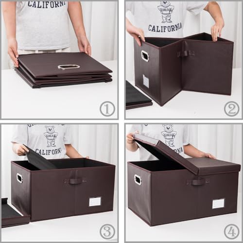 PRANDOM Collapsible Storage Box with Lid [3-Pack] Leather Fabric Foldable Storage Bin Organizer Container Basket Cube with Cover for Home Bedroom Closet Office Nursery Brown(22.8X15.7X11.8) - Image 4