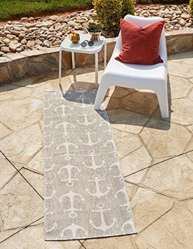 Unique Loom Outdoor Coastal Collection Area Rug - Ahoy (2' 7" x 12' 2" Runner, Gray/ Ivory) by UniqueLoom